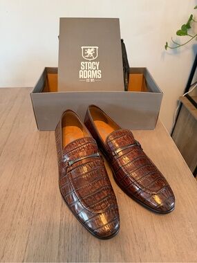 Stacy Adams Brown Croc-Embossed Leather Slip on Loafer